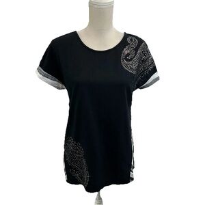 Zenergy by Chico’s Black Cotton Blend Top Womens Medium Short Sleeve Colorblock